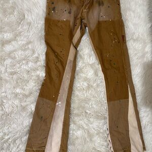 Brown Patchwork Pants with Paint Splatter